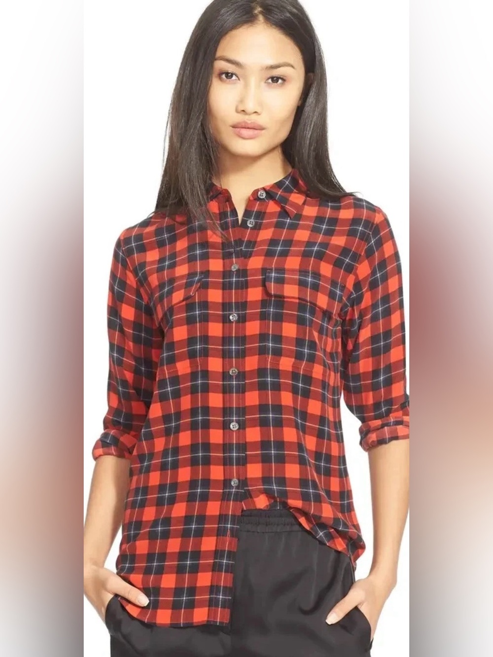 Equipment Femme Plaid Silk Button Front Blouse XS Red Black Long Sleeve